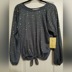 Boutique style top~size Small~Gold Star Patterned Bluegray Women's Top